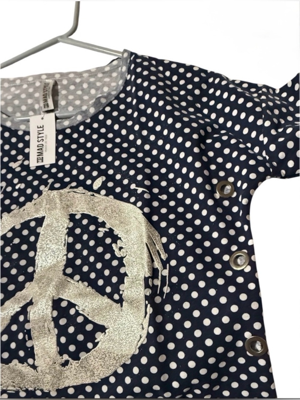 MS Mad Style Navy Polka Dot Peace Sign Top Medium - Picture 7 of 8